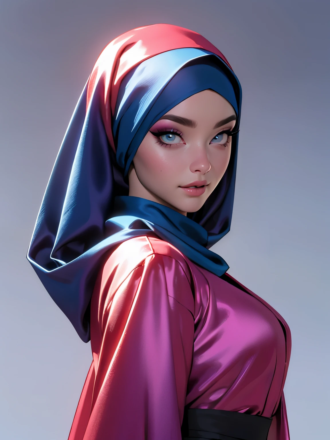 3dmm style, (Masterpiece), realistic, best quality, best lighting, extremely detailed artgerm, style artgerm, beautiful mature woman, 1 girl photo solo, beautifully makeup, eyeshadow, Parted Lips, Detailed Eyes, ((beautiful big eyes)), long eye lashes, dimples on the cheeks, smile, wearing silk hijab, ((Dark blue satin hijab)), loosely tide hijab style, shining silk, satin, blue satin, ((Blue satin shirt and satin long skirt)), (Close-up portrait), Front view, ((Standing Symmetric Centre)), facing the viewer, gray background.