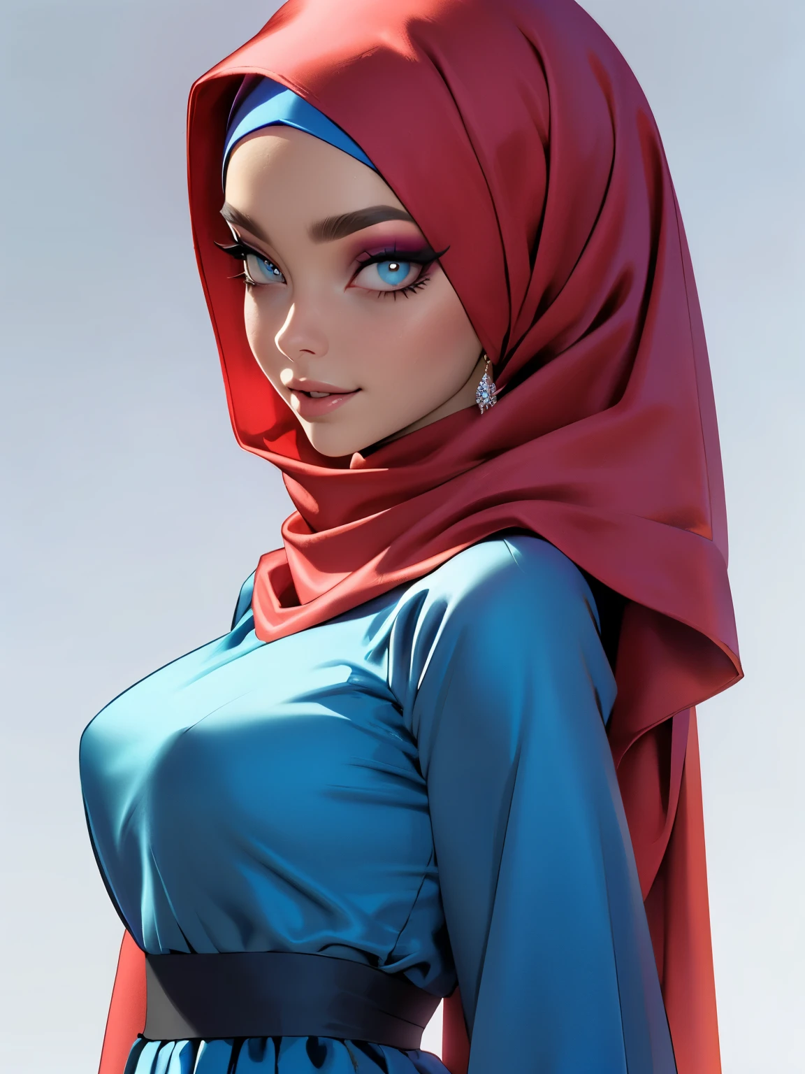 3dmm style, (Masterpiece), realistic, best quality, best lighting, extremely detailed artgerm, style artgerm, beautiful mature woman, 1 girl photo solo, beautifully makeup, eyeshadow, Parted Lips, Detailed Eyes, ((beautiful big eyes)), long eye lashes, dimples on the cheeks, smile, wearing silk hijab, ((Dark blue satin hijab)), loosely tide hijab style, shining silk, satin, blue satin, ((Blue satin shirt and satin long skirt)), (Close-up portrait), Front view, ((Standing Symmetric Centre)), facing the viewer, gray background.