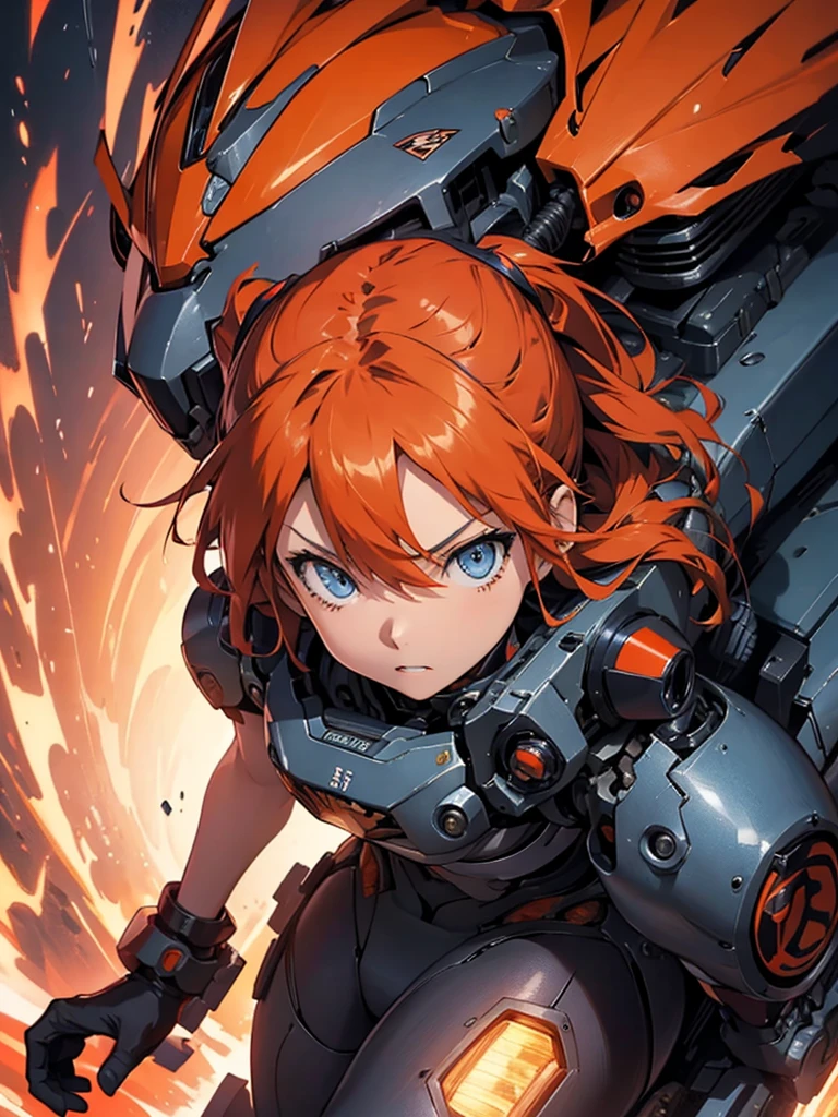 asuka langley soryu，blue eyes，hair between eyes，headware，interface headset，orange hair，battle costume，action pose，a mecha girl，Mechanical， mechanical armor，   silhouette， Upper body，   headware， Technological background，album artwork，