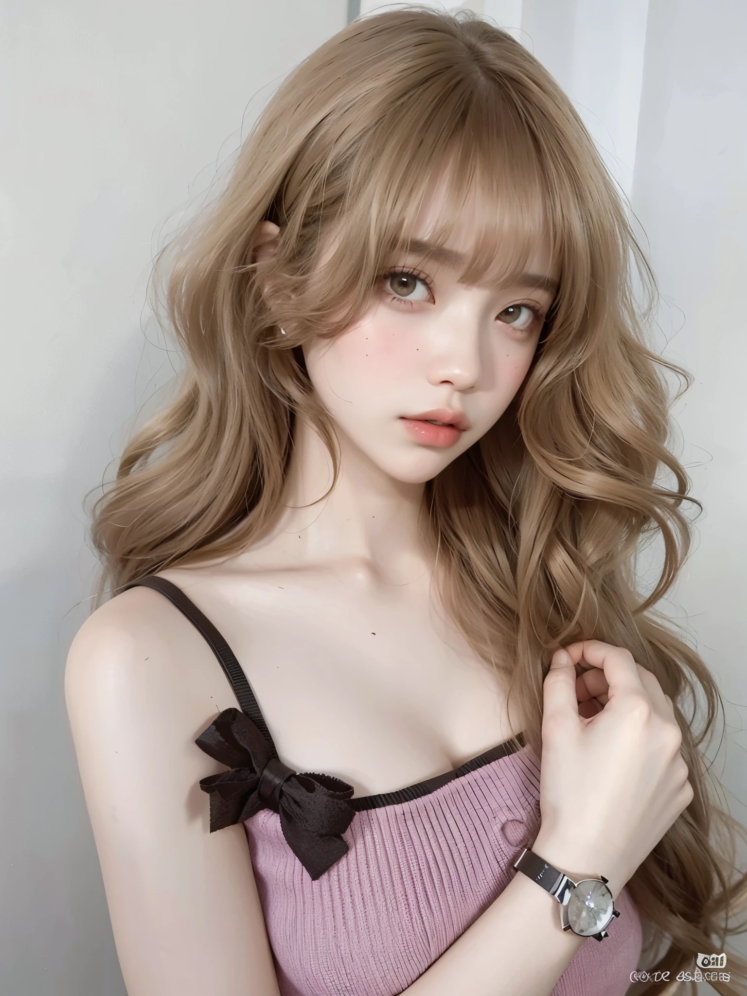 a close up of a woman with long hair wearing a pink dress, lalisa manobal, long hair with bangs, brown long hair with bangs, fair and pale skin!!, fair skin curly blonde hair, cabelo longo with bangs cheia, neat hair with bangs, soft hair, Lalisa Manoban do Blackpink, with bangs, long wavy light brown hair, brown bangs