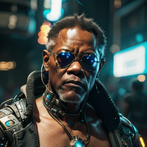 ((masterpiece, highest quality, hires, amazing detail, 8k, best quality)), cinematic, portait, closeup shot of middle aged man / Samuel l jackson/, wearing highly damaged battlesuit, perfect facial hair, scars, cybernetic implants, mirrorshades, in the artstyle of shirow masamune, ghost in the shell, gantz, gritty, cyberpunk background, dynamic colours