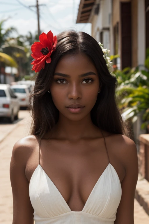 ((dark brown skin)), ((pretty face)), straight hair, natural, long hair, very long hair, ((crystal brown eyes: 1.2)), detailed eyes, ((beautiful eyes)), ((art, Ultra HD, 8k)), depth of field, street in bahia brazil, necklines, focus on the eyes, portrait, protruding breasts, specific skin, skin texture, sexy shoulders, golden tan, highly specific skin, long eyelashes, black mascara, ultra quality perfect face, best quality, high definition, beautiful woman, perfect, art finish,(( HD)), perfect face, perfect woman, work of art, delicate, dark skin, mulatto, fine feminine features, thin and beautiful nose, perfect, delicate mouth, dark eyes, detailed and realistic beautiful face, black hair, ((extremely beautiful Brazilian)),(( with a red flower in her hair)), dark skin, long straight hair blowing in the wind, with a red flower in her hair, short and simple white dress a little transparent, standing on a street in Bahia, looking at the spectator, inspired by the drama (Gabriela cravo e canela), northeast of Brazil, 1920s street, 1920s, in Bahia, Brazil, beautiful Brazilian mulatta, 1920s, Bahia