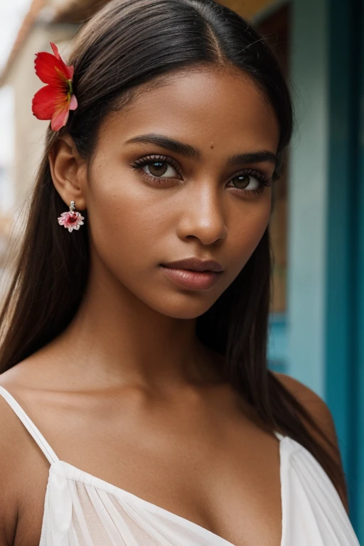 ((dark brown skin)), ((pretty face)), straight hair, natural, long hair, very long hair, ((crystal brown eyes: 1.2)), detailed eyes, ((beautiful eyes)), ((art, Ultra HD, 8k)), depth of field, street in bahia brazil, necklines, focus on the eyes, portrait, protruding breasts, specific skin, skin texture, sexy shoulders, golden tan, highly specific skin, long eyelashes, black mascara, ultra quality perfect face, best quality, high definition, beautiful woman, perfect, art finish,(( HD)), perfect face, perfect woman, work of art, delicate, ((dark skin)), mulatto, fine feminine features, thin and beautiful nose, perfect, delicate mouth, dark eyes, detailed and realistic beautiful face, black hair, ((extremely beautiful Brazilian)),((with a red flower in her hair)), dark skin, long straight hair blowing in the wind, with a red flower in her hair, short and simple white dress a little transparent, standing on a street in Bahia, looking at the spectator, inspired by the drama (Gabriela cravo e canela), northeast of Brazil, 1920s street, 1920s, in Bahia, Brazil, beautiful Brazilian mulatta, 1920s, Bahia