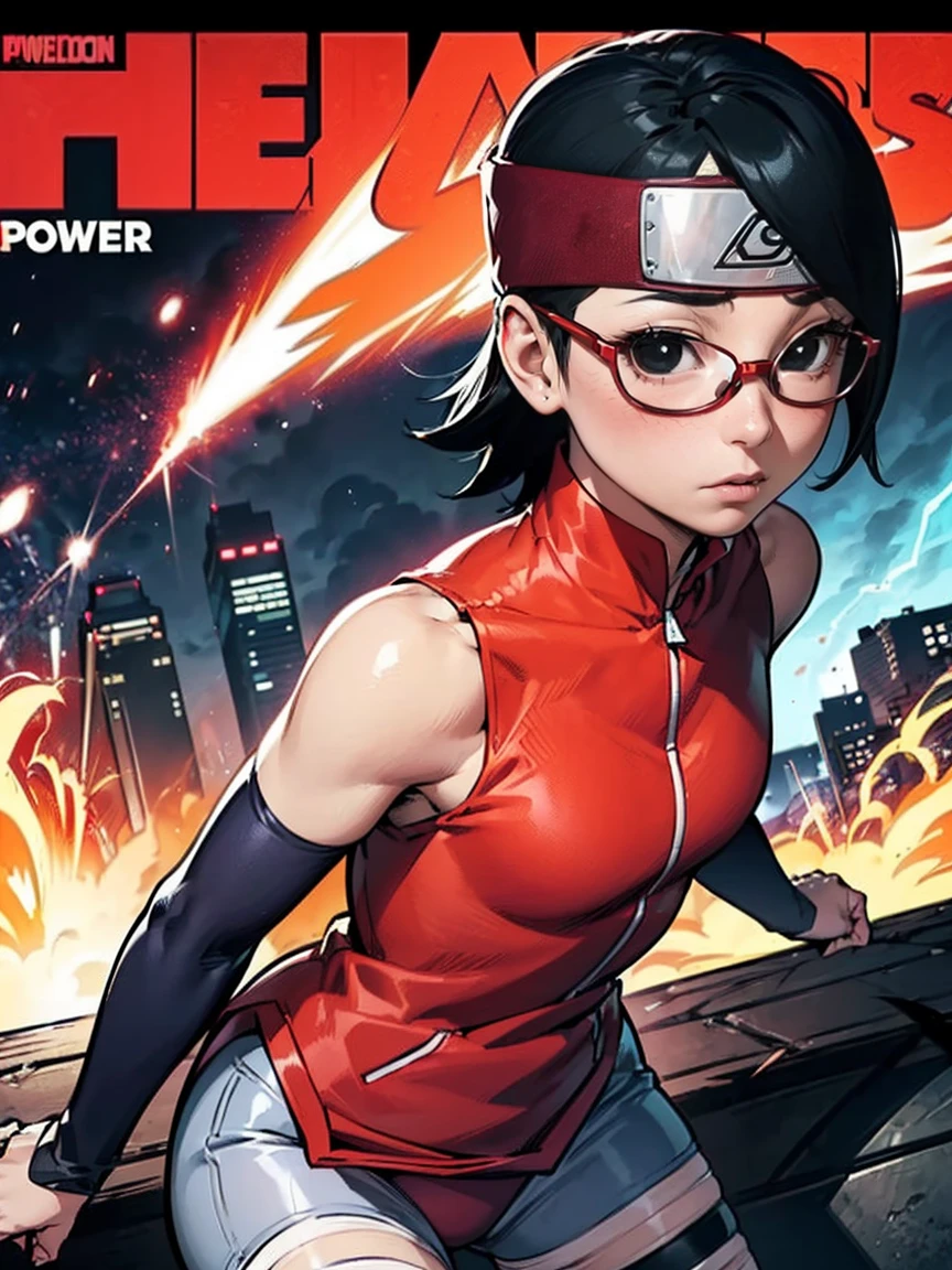 (Sarada Uchiwa,Uniforme de Power Girl,Style de couverture de bande dessinée)，Titre de la couverture de la bande dessinée,pays des super-héros,ville,action,Lutte,(((Style de couverture de bande dessinée,Sarada Uchiwa,cheveux courts,yeux noirs)) ),explosion,violet,foudre,porter des lunettes de vue,orange,rouge,rose,Vêtements tactiques,Petit,((cheveux courts,Lutteing,tenue de super héros,expression confiante))