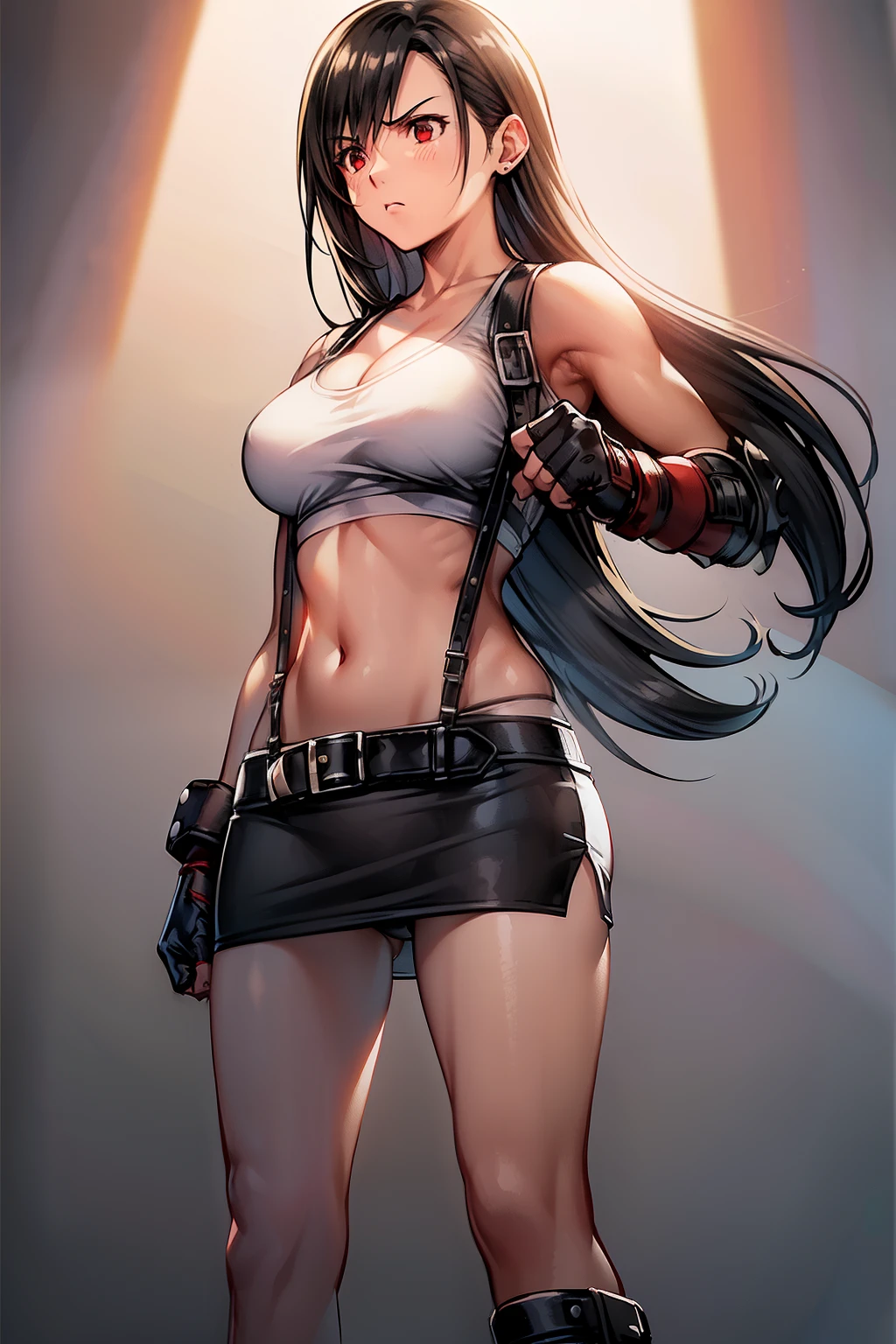 Tifa Lockhart, 1 chica, (cuerpo completo), (ángulo bajo), (súper detalle, mejor calidad), (De pie, pose de pelea), (mirando hacia otro lado:1.4), (serious), pechos medianos, escote, (sujetador deportivo blanco), (guantes rojos sin dedos), (Falda lápiz negra), mostrar bragas, (bragas blancas), (tirantes negros), (cinta negra), (calcetines tobilleros sueltos negros), (zapatillas altas rojas), Fondo blanco