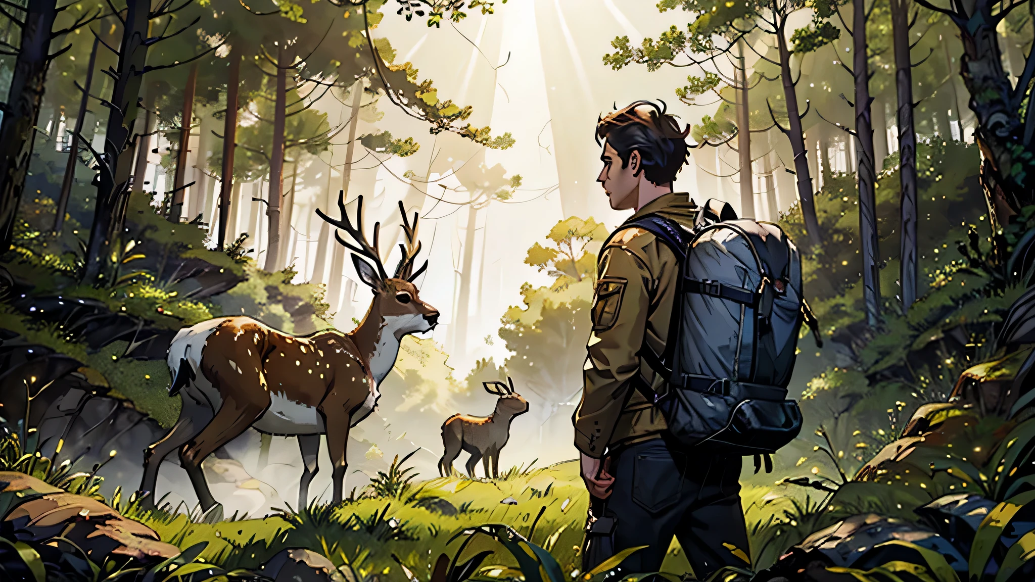 Ein Mann in Campingkleidung und Rucksack kommt in einem Hochwald an, Dichte Bäume mit Sonnenlicht, das durch den Wald scheint, Die Umwelt darf nur Natur enthalten, mit Reh im Hintergrund und einem Hasen vor der Szene.