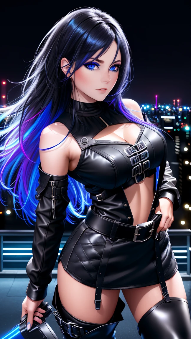 beautiful girl, full body, bright blue neon streaked dishevelled hair, ((large light realistic detailed eyes:1.3)), ((seductive pose:1.5)), black eyeshadow, (street style wear:1.2), ((tight fitted short skirt)), ((thigh high leather boots:1.3)), ((dark city night black background:1.4)), dark makeup, digital art, trending on artstation, highly detailed, fine detail, intricate, beautiful detailed glow, detailed, Cinematic light, high-res, detailed facial features, sharp focus, smooth, aesthetic,