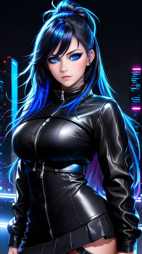 beautiful girl, full body, bright blue neon streaked dishevelled hair, ((large light realistic detailed eyes:1.3)), ((seductive ...