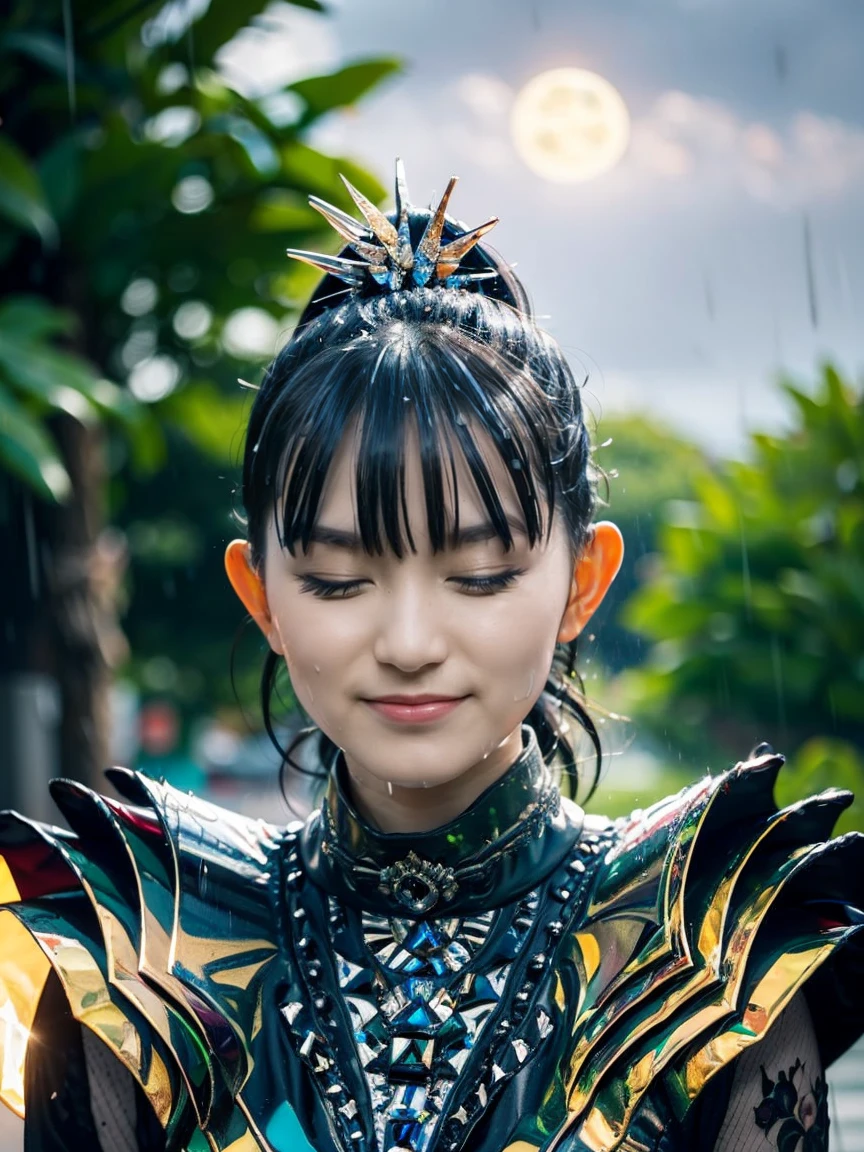 closeup, 1 girl, (front view), wavy_hair, ponytails, long_sleeves, hair_accessories, (evil face:1.4) night, moonlight, dark graveyard, front-view, from_below, long_dress, black colorful dragon suit, armored, transparent armor, blurry_background, ultra high res,photorealistic:.1.4,uhd, (perfect_fingers:1.0), (perfect_legs:1.0), better_hands, More_Detail, (normal head size), evil smile,(wink:1.4), ((one eye closed)), (heavy rain:1.5)