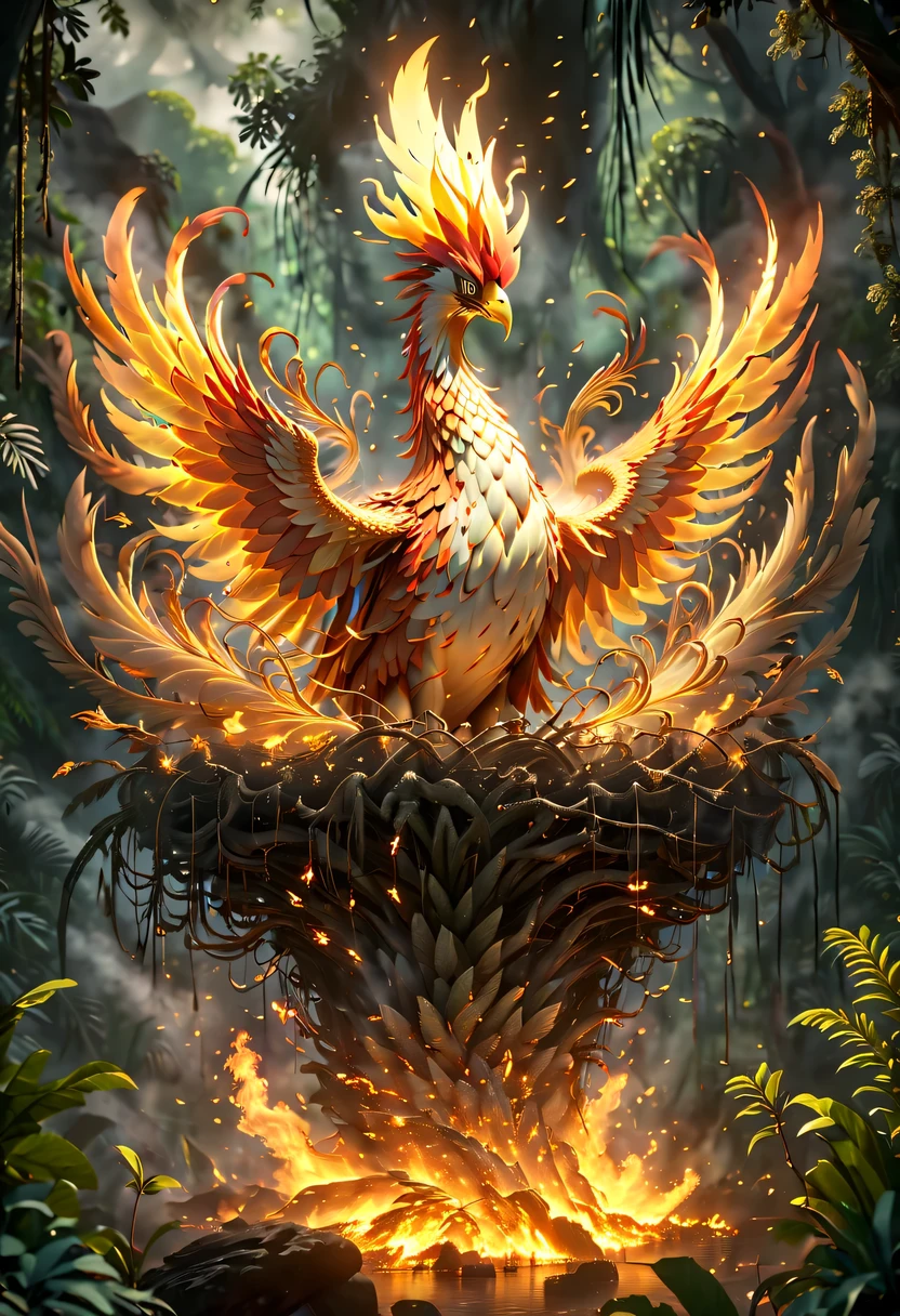 (8k, 16k, Award-winning, Dynamic,best quality, highest resolution, Super details, high detail, anatomically correct, masterpiece, stunning beauty), Nest composed of fire elements，Huge lair in the jungle，The phoenix has flown,Phoenix burning