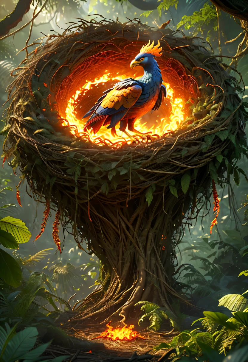 (8k, 16k, Award-winning, Dynamic,best quality, highest resolution, Super details, high detail, anatomically correct, masterpiece, stunning beauty), Nest composed of fire elements，(Huge lair in the jungle:1.2)，Phoenix FlyingDonM3l3m3nt4lXL