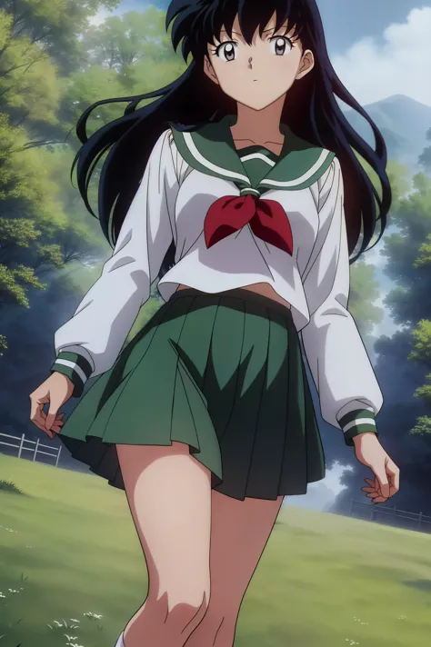 (Masterpiece: 1.6, Best Quality), (Fine Beautiful Eyes: 1.2), (best quality, masterpiece, highres), kagome higurashi, 1girl, solo, green school uniform, soft thighs , long sleeves, white socks, scenery , Best Quality, ((anime)) ((Colored)) HD, ,Standing, G...
