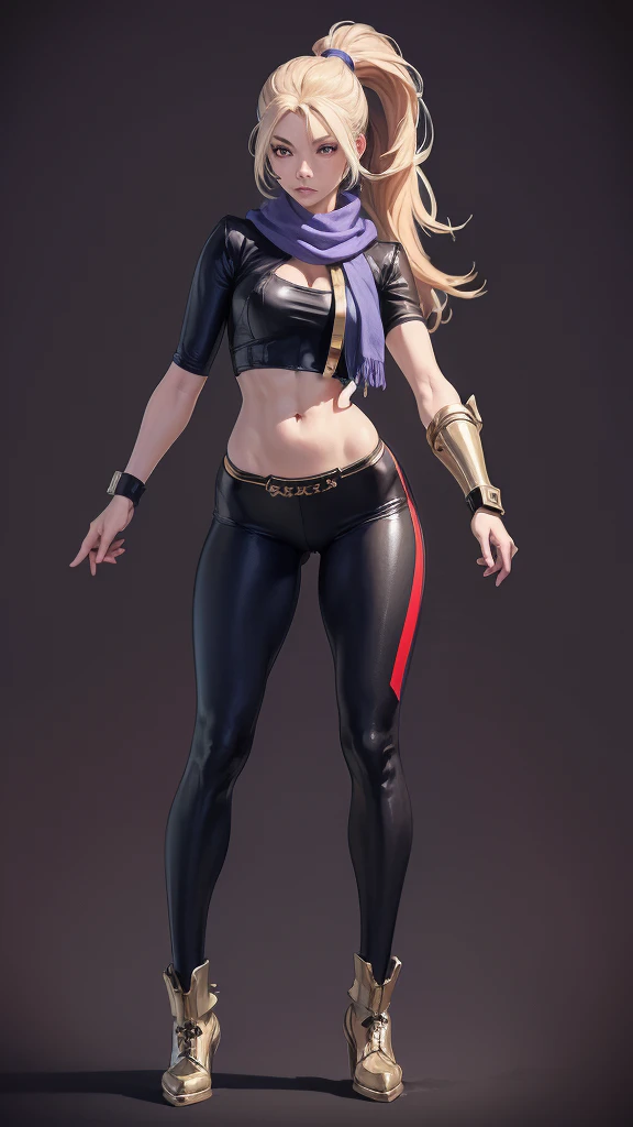 (masterpiece, best quality, chromatic lighting, professional quality),1girl, solo, blonde hair, high ponytail, realistic body proportions, looking at viewer, lips, leggings, long neck scarf, hip scarf, boxer, fighting pose, arm gauntlet, simple background, sfw, full body, steampunk, fantasy, anime, dungeons and dragons