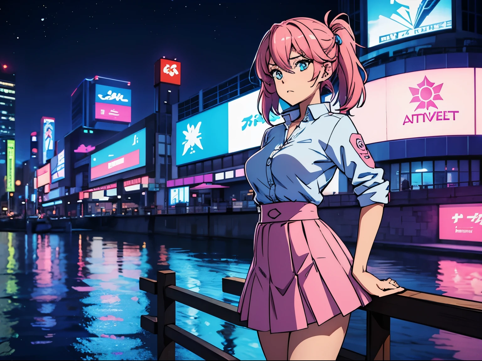 1파란색과 분홍색 머리를 가진 애니메이션 소녀, 섹시한 여자, 평균 가슴, 신스웨이브 스타일 작업, 도쿄의 밤과 디테일한 도시를 배경으로, 빛의 아름다운 반사, 역동적인 장면, 일반 여성용 스트리트웨어, 치마를 입은 소녀, 아름다운 빛
