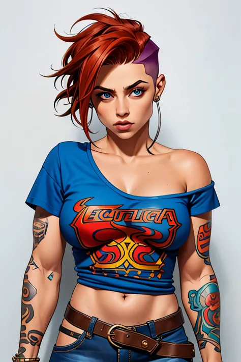 Garota musculosa de cabelo undercut, com tatuagens coloridas, usando calca de couro, camisa de rock do Metallica 