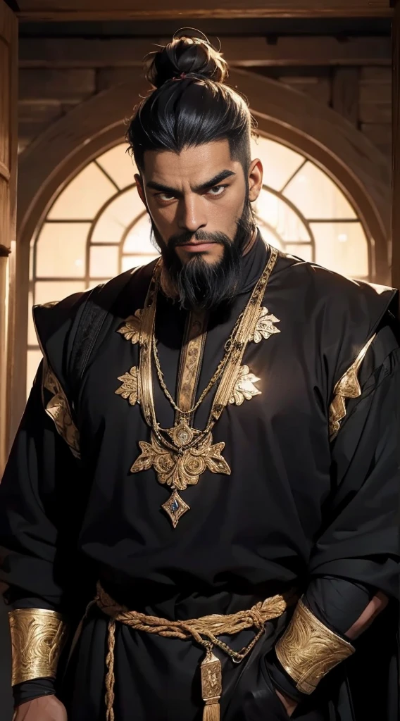 A black man of 50 years old, strong and happy expression, strong eyebrows, golden eyes, long shoulder-length black hair with a high bun, well groomed beard. He use medieval clothes 16k, best quality masterpiece. Background is a desert