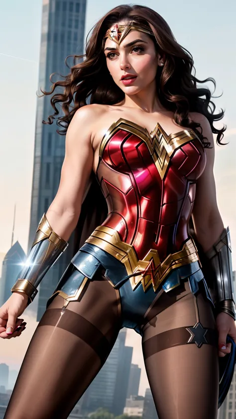 (Wonder Woman) in the style of Iron Man, beautiful face, gorgeous, incredibly attractive, palladium bodice, armored female chest piece, platinum battle skirt, platinum shin guards, ((feet in view)), style of Marvel, thin, slim, athletic, small hips, small ...