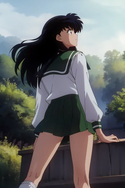 (Masterpiece: 1.6, Best Quality), (Fine Beautiful Eyes: 1.2), (best quality, masterpiece, highres), kagome higurashi, 1girl, solo, green school uniform, soft thighs , long sleeves, white socks, scenery , Best Quality, ((anime)) ((Colored)) HD, ,Standing, G...