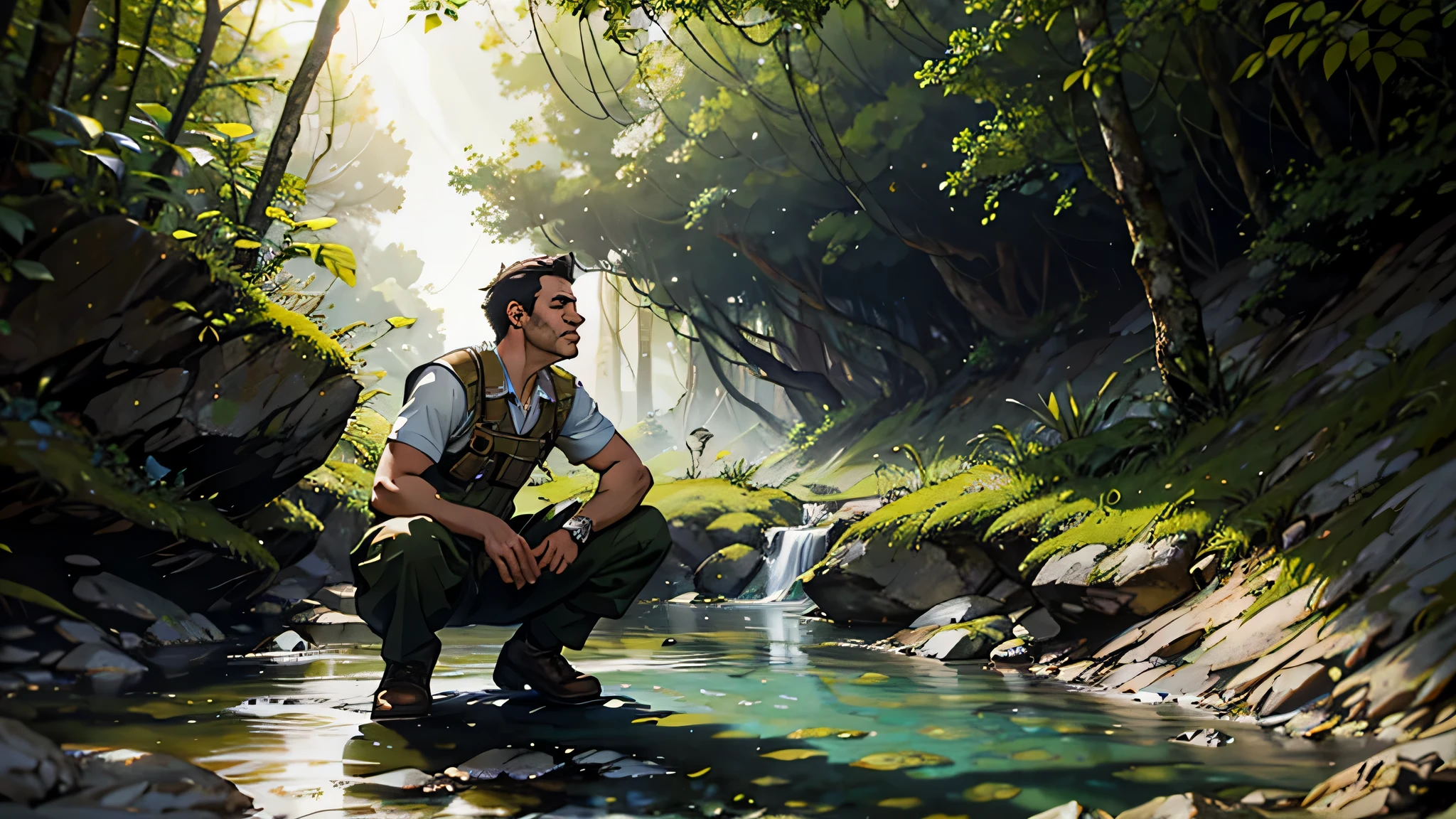 Um homem com roupas de acampamento chegando em uma floresta alta, dense trees with sunlight shining through the forest and a beautiful blue stream, the man is squatting in the water washing his face.