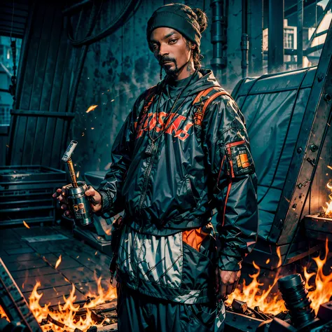 Man African SnoopDogg selfi, armed smoking marijuana cigarette on an old sofa in an environment in the favela of brazil (Snoop-Dogg extreme details on face), Will-o'-the-wisp dazzling Symmetrical optimal bright_color dappled_sunLight meticulously intricate...