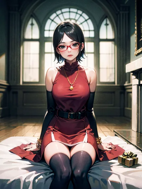 ((Illustration of Sarada Uchiha, with short hair, black eyes and glasses,She has tattoo,wearing dark red Long bodycon dress,sere...