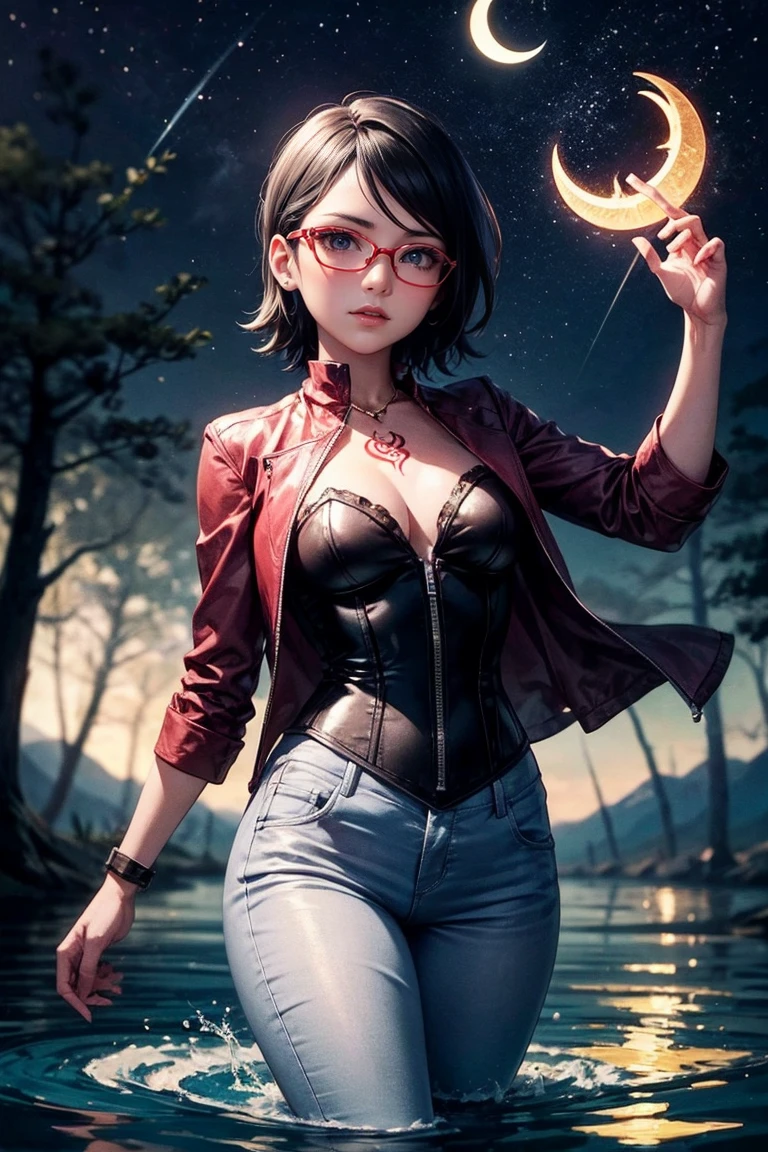 Full body image illustration of "Sarada Uchiha" with short hair, black eyes and red glasses. Next generation. She is wearing businesswoman clothes in front of an office desk and with a large window showing a large metropolis. Lighting the scene dramatically. Artwork. Detailed image. Artistic dedication. Creative mix, thought-provoking composition. Top-down perspective. Female Athletic