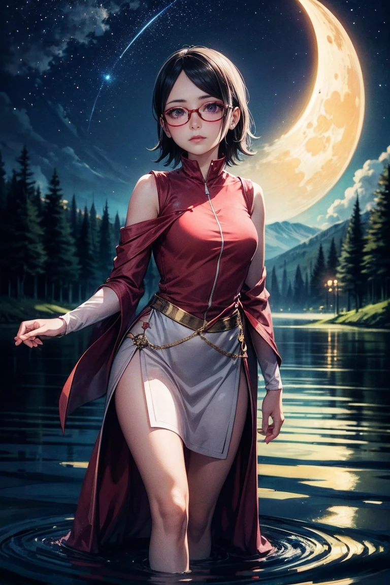 Full body image illustration of "Sarada Uchiha" with short hair, black eyes and red glasses. Next generation. She is wearing businesswoman clothes in front of an office desk and with a large window showing a large metropolis. Lighting the scene dramatically. Artwork. Detailed image. Artistic dedication. Creative mix, thought-provoking composition. Top-down perspective. Female Athletic