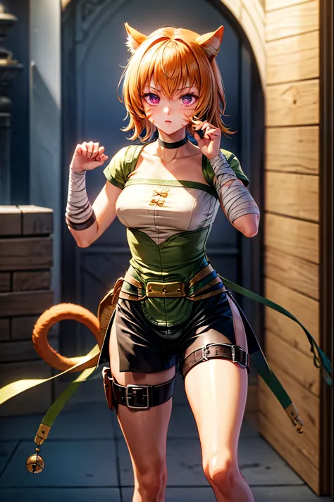 lethe fe, choker, belt, cat tail, bell, thigh strap, facial mark, bandages, side slit, pouch, brown belt, whisker markings, gree...