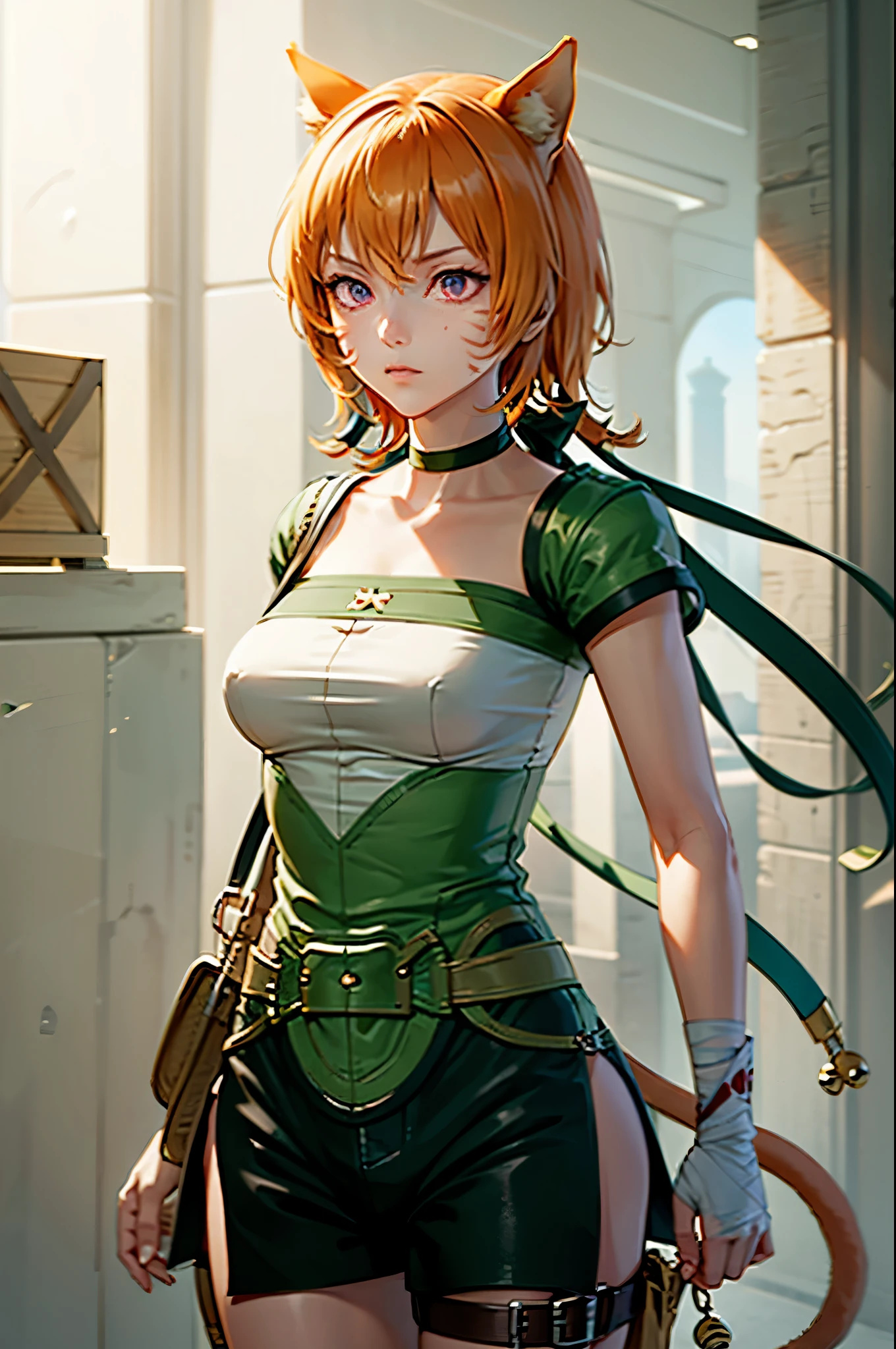 lethe fe, cowboy shot, upper body, choker, belt, cat tail, bell, thigh strap, facial mark, bandages, side slit, pouch, brown belt, whisker markings, green shorts, wrist wrap, side slit shorts, 