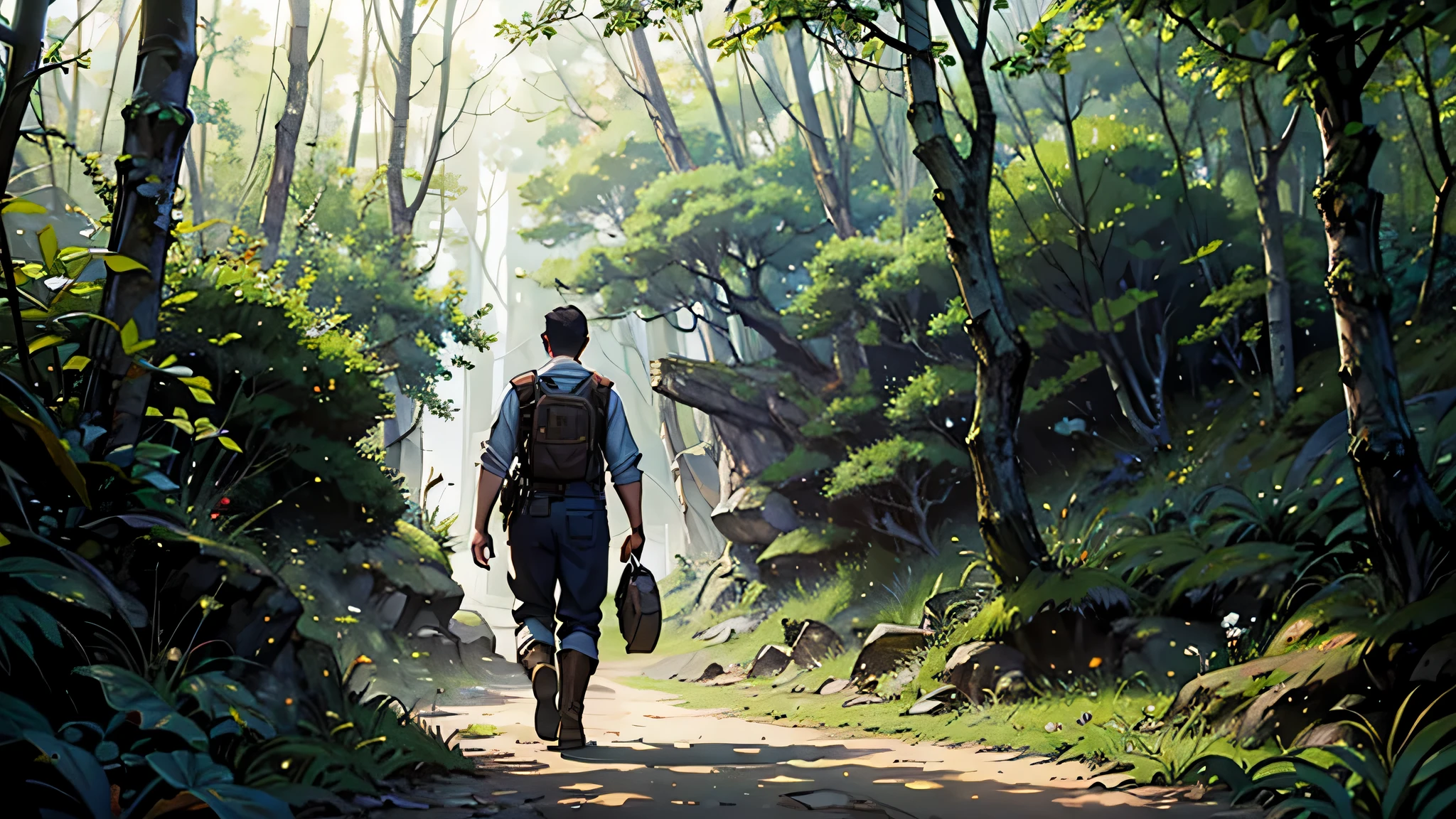 Um homem com roupas de acampamento, black boots and pants, camisa longa verde escura e mochila azul, walking along a trail in a tall forest with dense trees and sunlight shining through the forest.