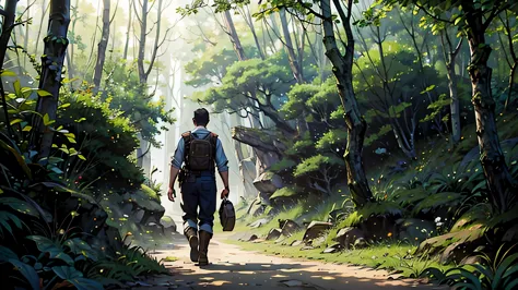 Um homem com roupas de acampamento, black boots and pants, camisa longa verde escura e mochila azul, walking along a trail in a ...