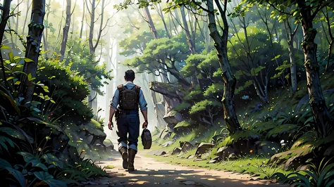 um homem com roupas de acampamento, black boots and pants, camisa longa verde escura e mochila azul, walking along a trail in a ...