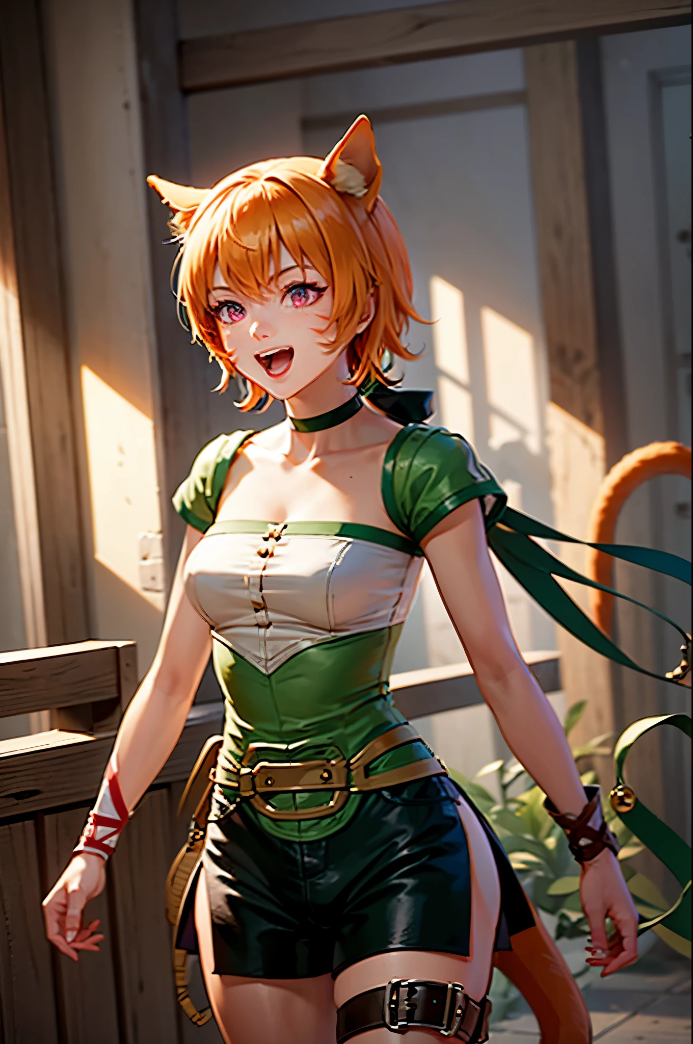 lethe fe, cowboy shot, upper body, choker, belt, cat tail, bell, thigh strap, facial mark, bandages, side slit, pouch, brown belt, whisker markings, green shorts, wrist wrap, side slit shorts, smile, happy, open mouth