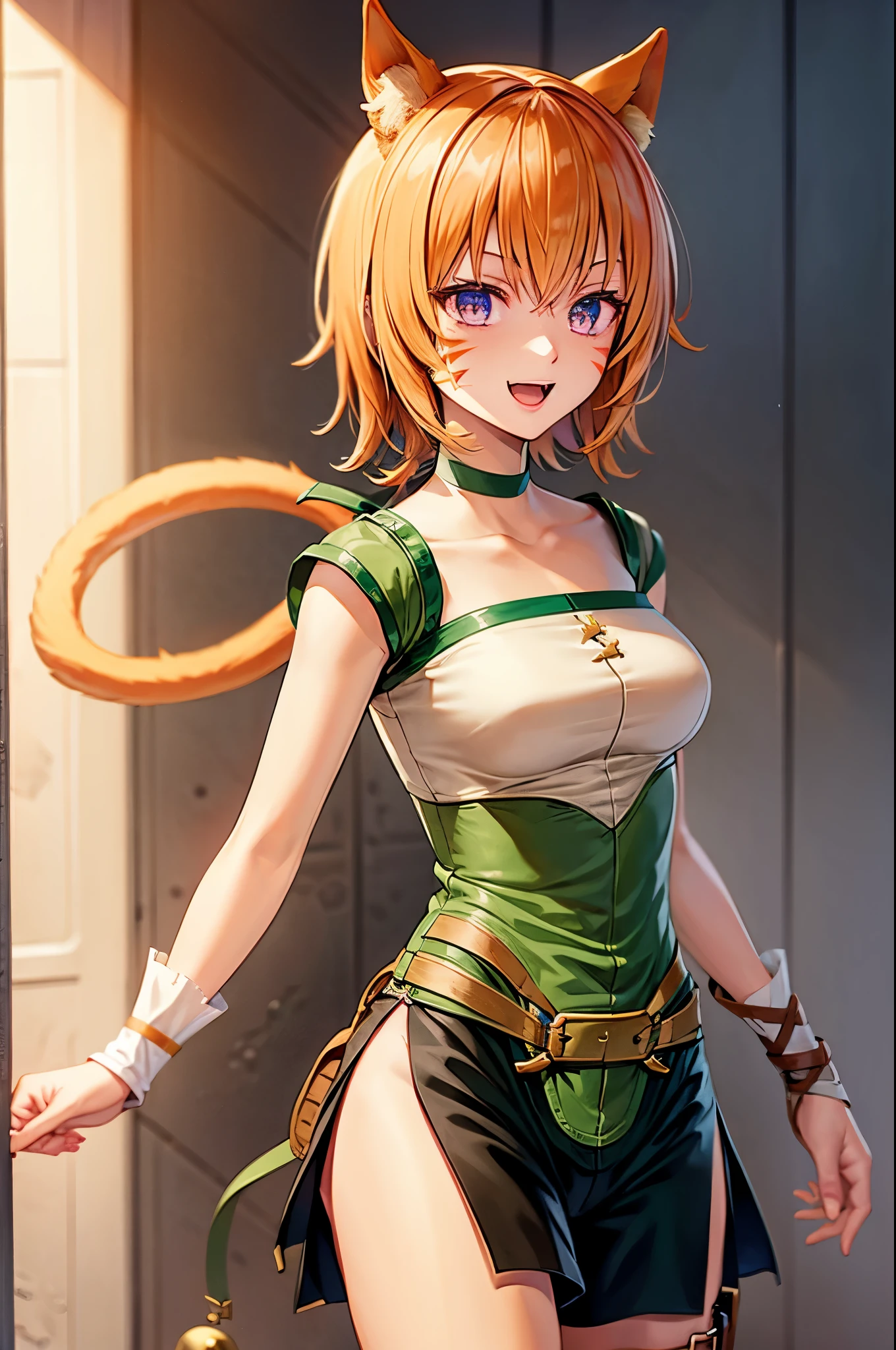 lethe fe, cowboy shot, upper body, choker, belt, cat tail, bell, thigh strap, facial mark, bandages, side slit, pouch, brown belt, whisker markings, green shorts, wrist wrap, side slit shorts, smile, happy, open mouth