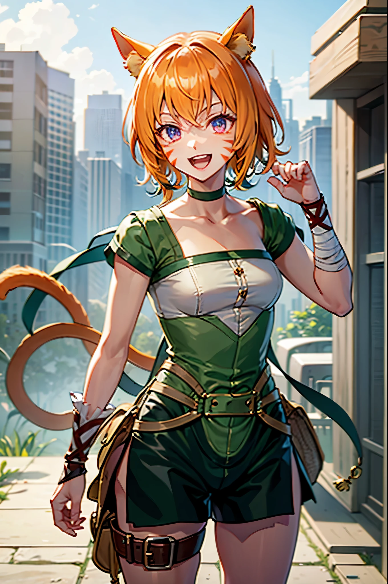 lethe fe, cowboy shot, upper body, choker, belt, cat tail, bell, thigh strap, facial mark, bandages, side slit, pouch, brown belt, whisker markings, green shorts, wrist wrap, side slit shorts, smile, happy, open mouth