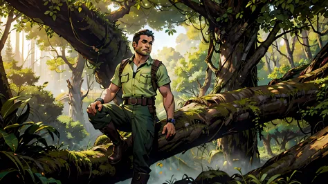 Um homem com roupas de acampamento, black boots and pants, camisa longa verde escura e mochila azulem uma floresta alta, dense t...