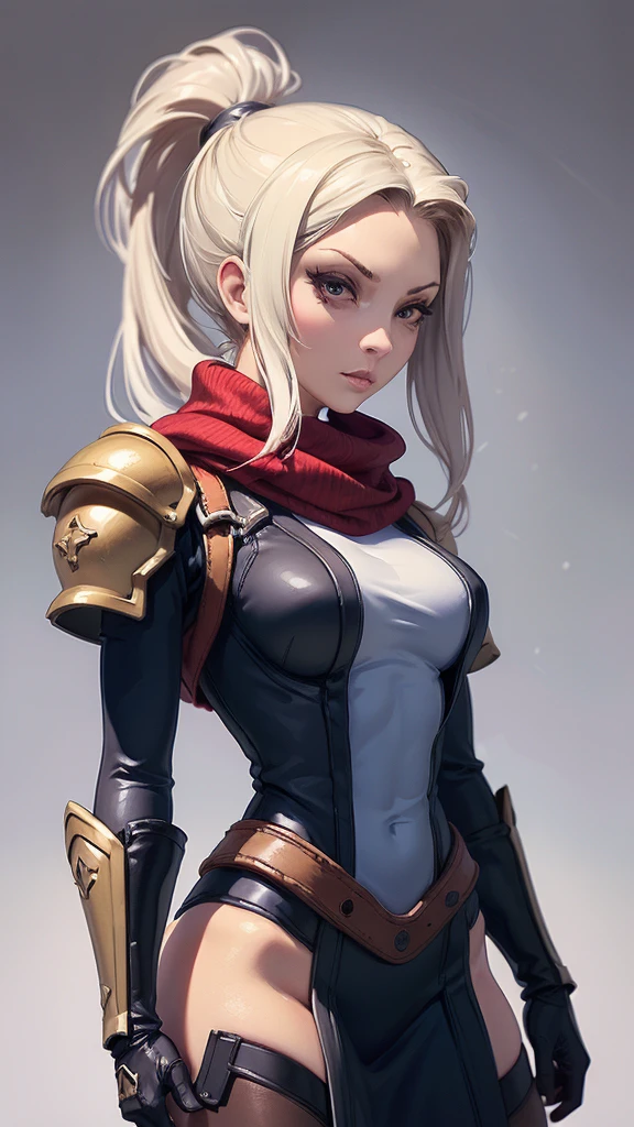 (masterpiece, best quality, chromatic lighting, professional quality),1girl, solo, blonde hair, high ponytail, realistic body proportions, looking at viewer, lips, padded armor, long neck scarf, long hip scarf, boxer, fighting pose, arm gauntlet, simple background, sfw,  steampunk, fantasy, dungeons and dragons