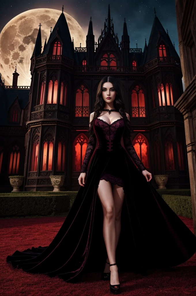 a femme fatale vampire in a realistic style, standing in front of a majestic manor. Red glowing eyes, sharp fangs, and pale flawless skin. She wears a long black velvet gown with intricate lace details, flowing in the wind. Her dark hair cascades down to her waist, with subtle waves and a blood-red ribbon intertwined. The manor exudes an eerie atmosphere, with ancient gothic architecture, towering spires, and intricate stained glass windows. A full moon hangs in the night sky, casting an ethereal glow on the scene. The colors are predominantly dark and mysterious, with deep shades of black, red, and purple. The lighting is dramatic, with shadows dancing across the scene, emphasizing the vampire's alluring yet dangerous presence. This masterpiece is rendered in high resolution with ultra-detailed features, capturing every minute expression and texture of the vampire's face and the manor's intricate details.