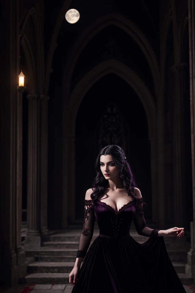 a femme fatale vampire in a realistic style, standing in front of a majestic manor. Red glowing eyes, sharp fangs, and pale flawless skin. She wears a long black velvet gown with intricate lace details, flowing in the wind. Her dark hair cascades down to her waist, with subtle waves and a blood-red ribbon intertwined. The manor exudes an eerie atmosphere, with ancient gothic architecture, towering spires, and intricate stained glass windows. A full moon hangs in the night sky, casting an ethereal glow on the scene. The colors are predominantly dark and mysterious, with deep shades of black, red, and purple. The lighting is dramatic, with shadows dancing across the scene, emphasizing the vampire's alluring yet dangerous presence. This masterpiece is rendered in high resolution with ultra-detailed features, capturing every minute expression and texture of the vampire's face and the manor's intricate details.