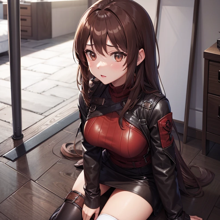 long dark brown hair, golden eyes and fair skin. She wears a jumper-style outfit comprised of dark brown leather, a red hood, red socks, and white thigh-high boots adorned with