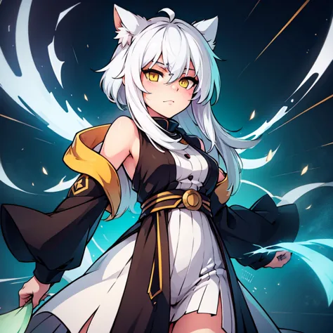 cat anime girl with white hair and yellow eyes, black background, white clothes