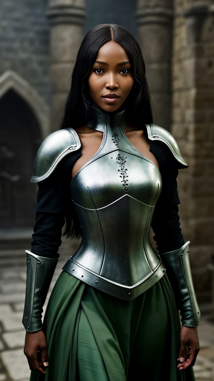 Foto hiperrealista en primer plano de Naomi Campbell, Create dystopian masterpieces, scene from the Game of Thrones movie, the entire figure dressed in Game of Thrones style, light green dress with armor accessories, inside a medieval in, beautiful woman, skinny, medium breasts, black long hair, detailed face, smile, facing the camera, photo taken from a distance, age of 14 years old