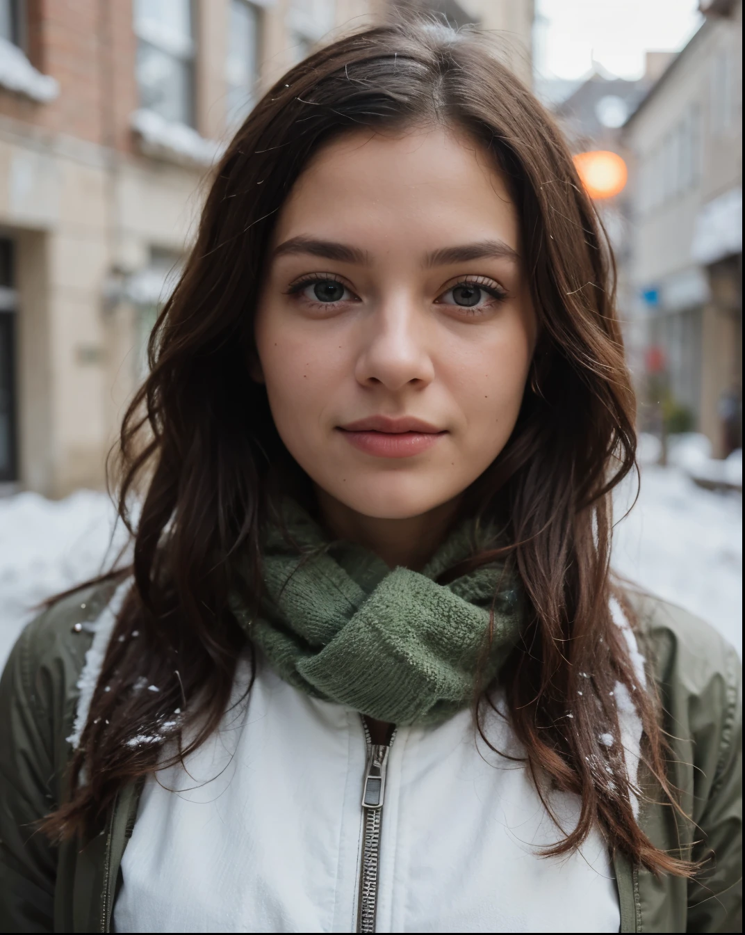 Arafed femme aux cheveux longs et une écharpe verte debout dans la neige -  SeaArt AI