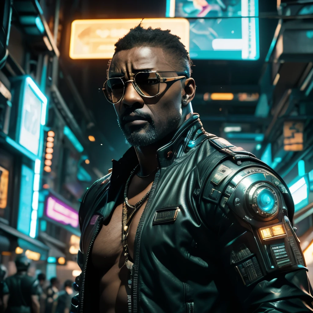 ((masterpiece, highest quality, hires, amazing detail, 8k, best quality)), cinematic, portait, closeup shot of middle aged man / idris elba 1.5 /, wearing highly damaged battlesuit, perfect facial hair, scars, cybernetic implants, wearing aviators, in the artstyle of shirow masamune, ghost in the shell, gantz, gritty, cyberpunk background, dynamic colours
