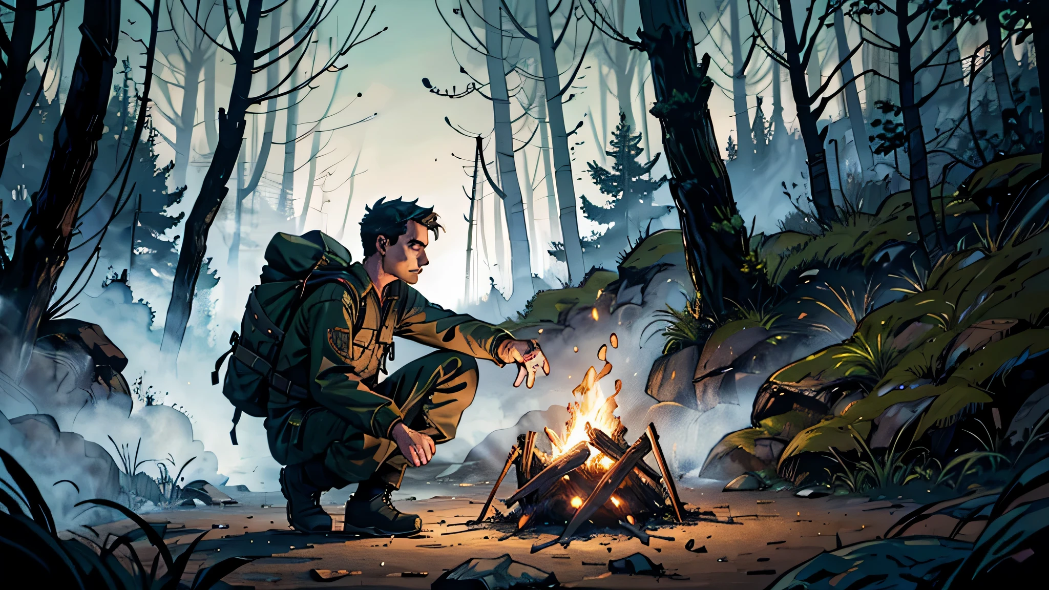 Мужчина в походной одежде, черные ботинки и брюки, темно-зеленая длинная рубашка и синий рюкзак в лесу с густыми деревьями и светом костра, горящим красноватым оттенком в ночной и зловещей обстановке.