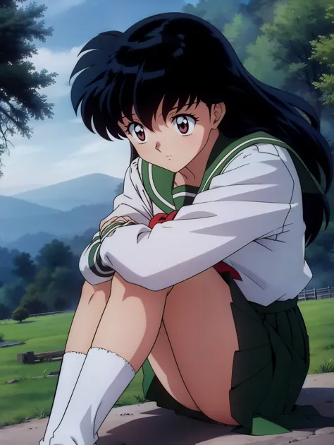 (Masterpiece: 1.6, Best Quality), (Fine Beautiful Eyes: 1.2), (best quality, masterpiece, highres), kagome higurashi, 1girl, solo, green school uniform, soft thighs , long sleeves, white socks, scenery , Best Quality, ((anime)) ((Colored)) HD, ,Sitting, Gr...