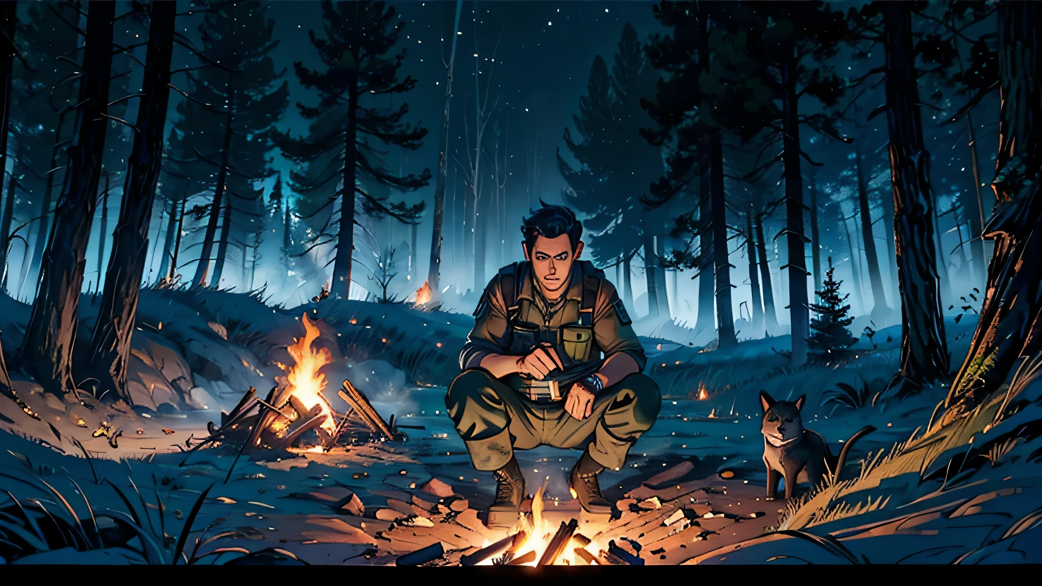 A lonely man in camping clothes, black boots and pants, dark green long shirt and blue backpack in a completely dark night forest with dense trees and a burning bonfire.