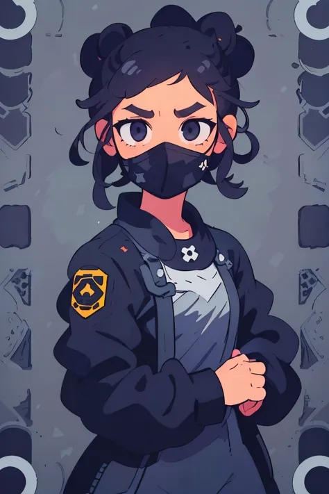 girl, Black messy bun, black eyes, wearing military jumpsuit and overalls, flat vector style, Geometric pattern background, uppe...