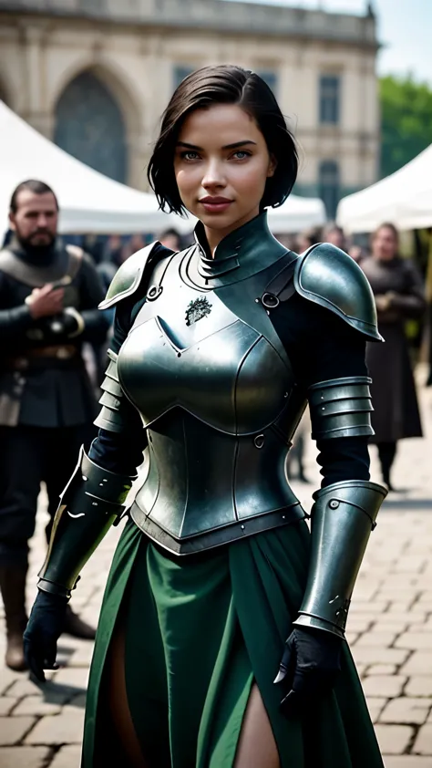 Foto hiperrealista en primer plano de Adriana Lima, Create dystopian masterpieces, scene from the Game of Thrones movie, the entire figure dressed in Game of Thrones style, light green dress with armor accessories armor, on a medieval market square,  beaut...