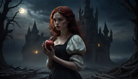 a young girl, snow white holds a red apple in her hand, dark style, long curly redhair, twilight, the background is an old gothi...